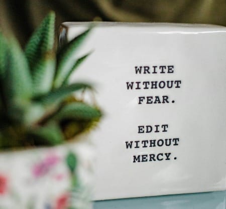 photo of a sign saying: Write without fear. Edit without mercy.